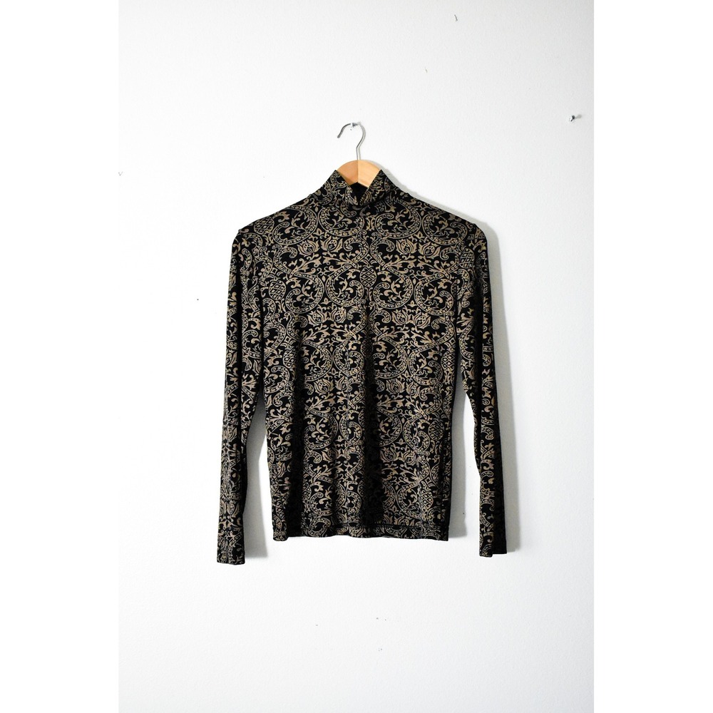 Frazier Lawrence Turtleneck Top Women Medium Black Gold 90s Baroque Scroll Mock
